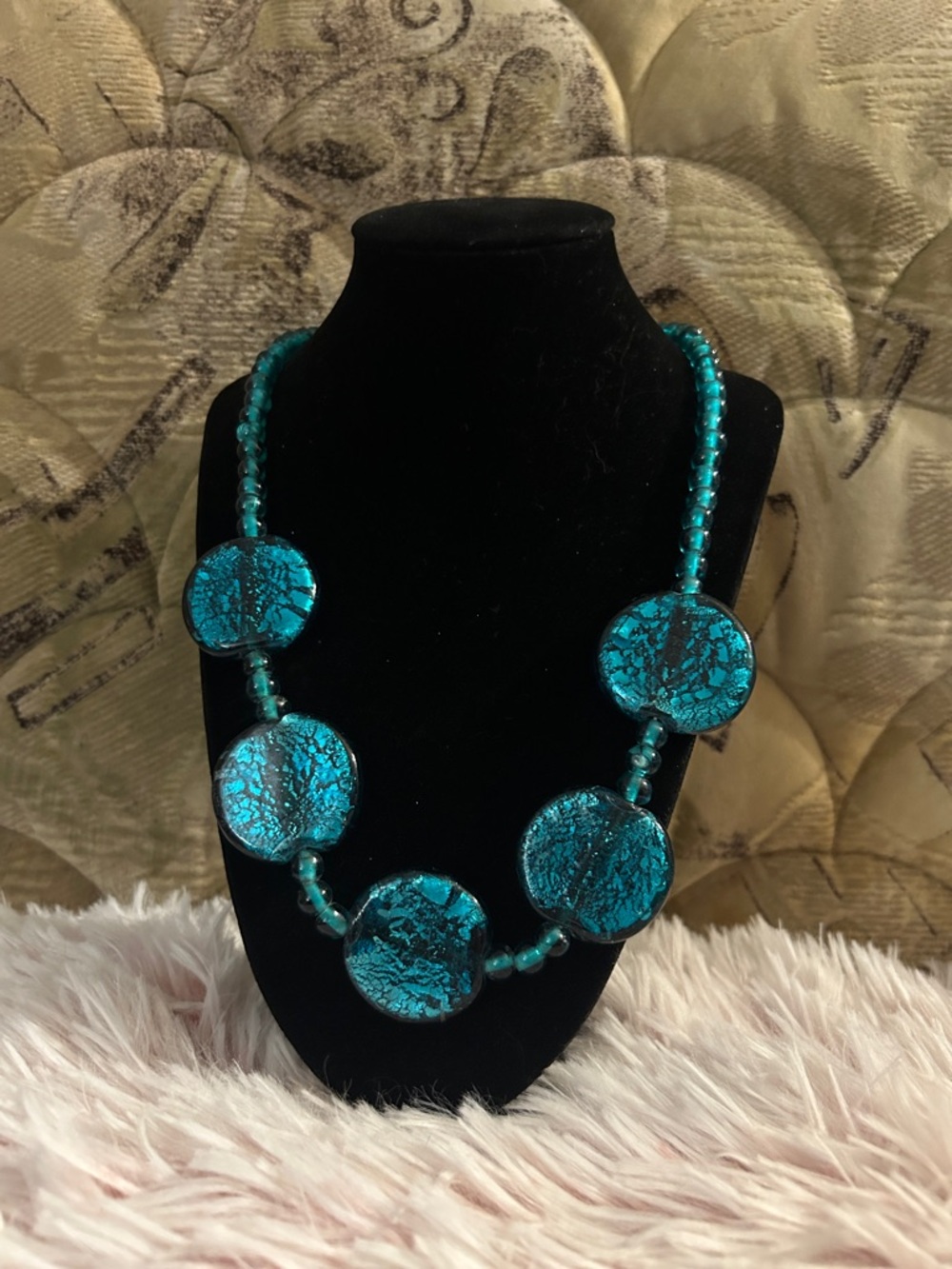 Vintage Blue Artisan Glass Disc Bead Necklace
